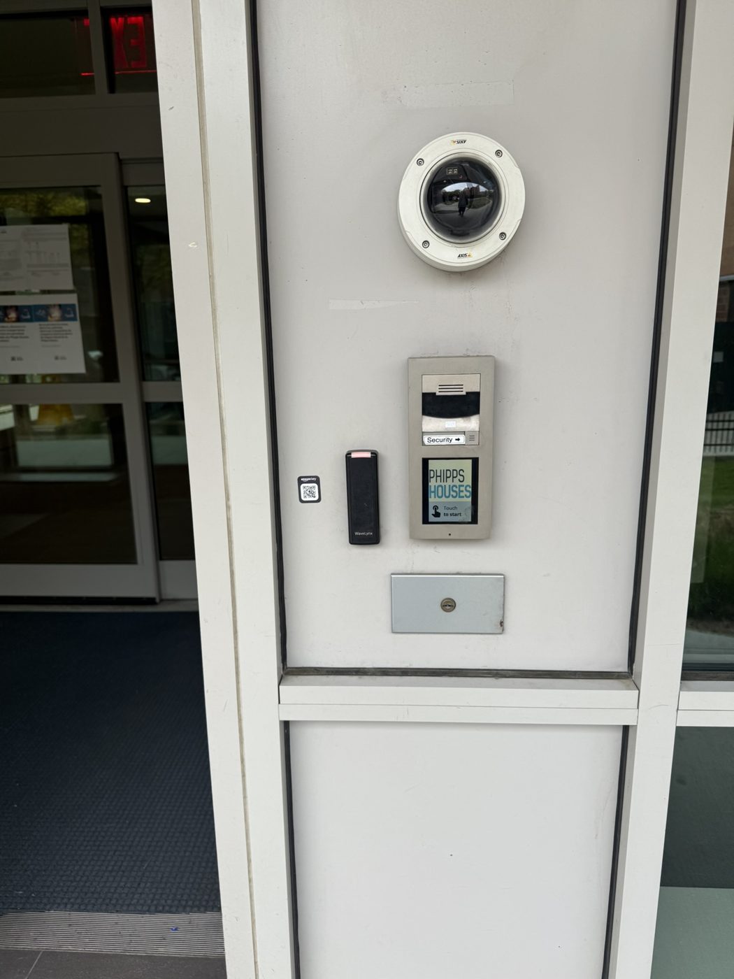 Camera, card reader and intercom unit on an entry column