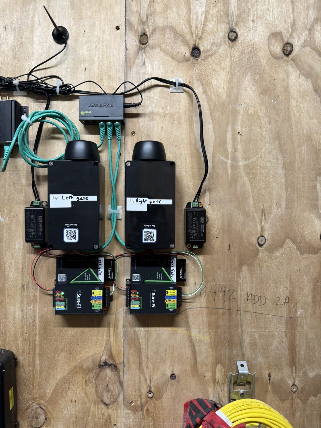 Network gear and wall-mounted devices on a backboard